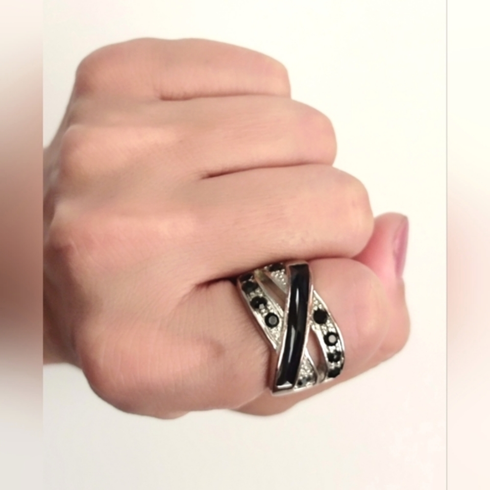 Crossover Cocktail Ring Silver Tone With Black Rh… - image 3